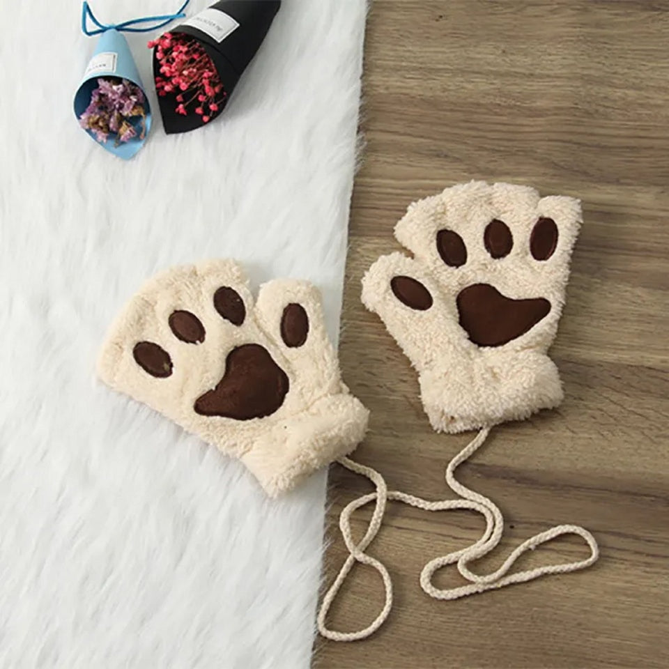 Mitaines en Peluche Patte de Chat Beige