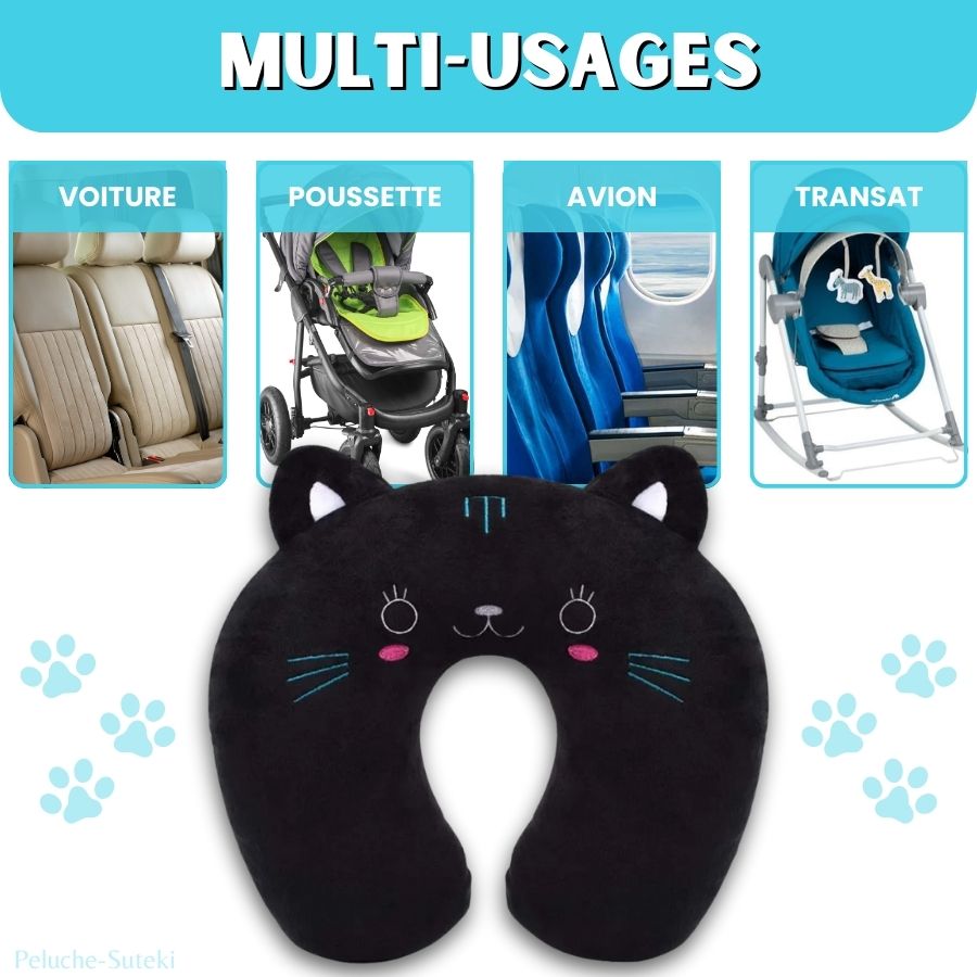Oreiller de Voyage en Peluche Noir Chat Mignon