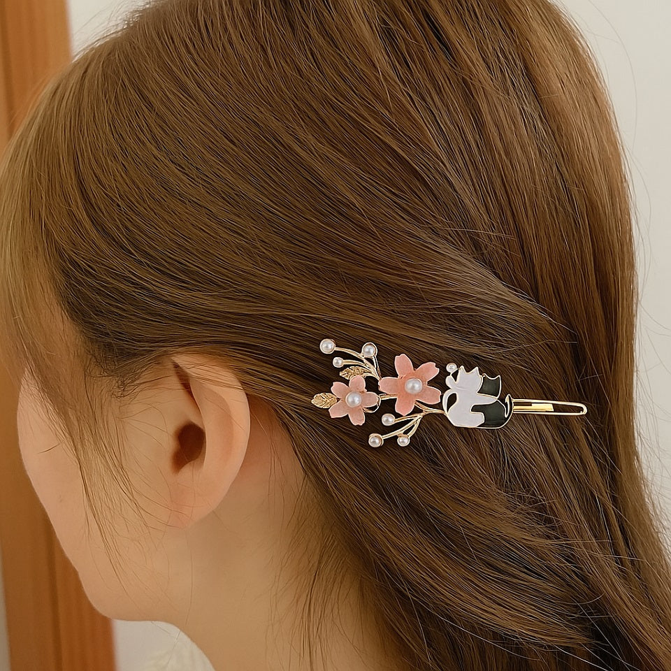 Barrette à Cheveux Dorée Fleurs Roses et Chats Câlins
