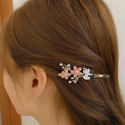 Barrette à Cheveux Dorée Fleurs Roses et Chats Câlins