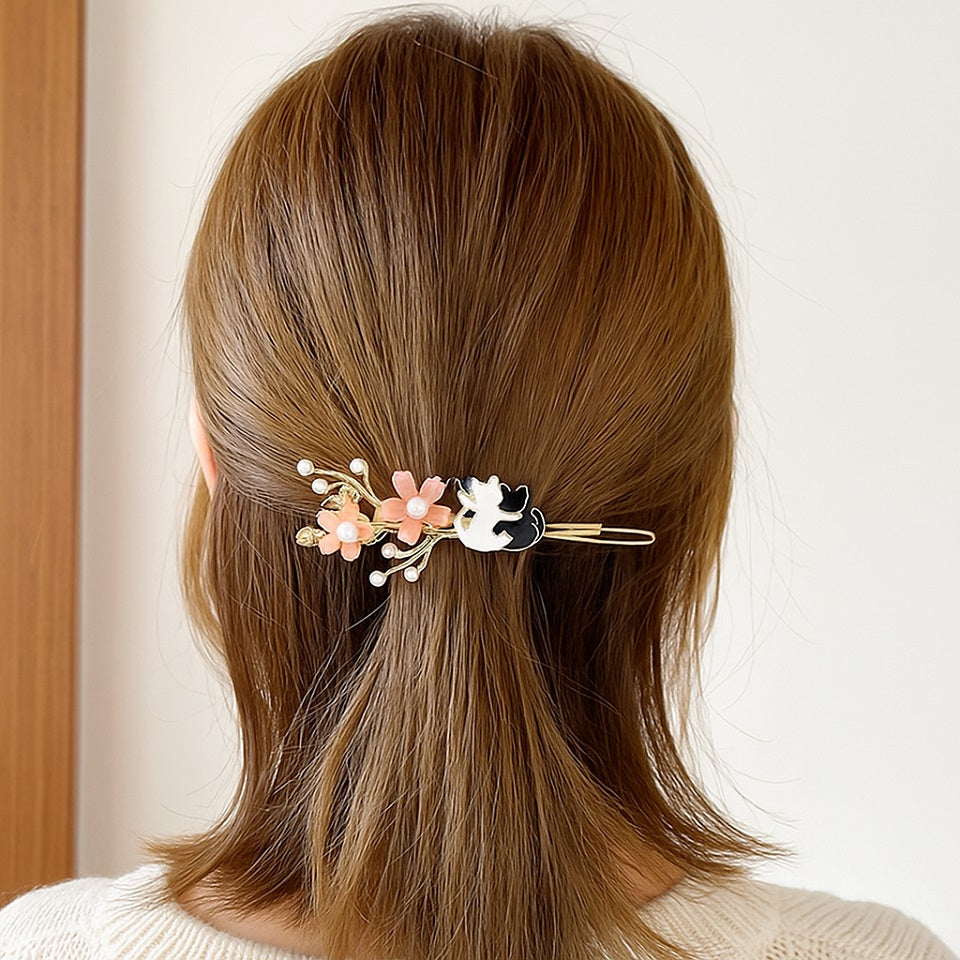 Barrette à Cheveux Dorée Fleurs Roses et Chats Câlins