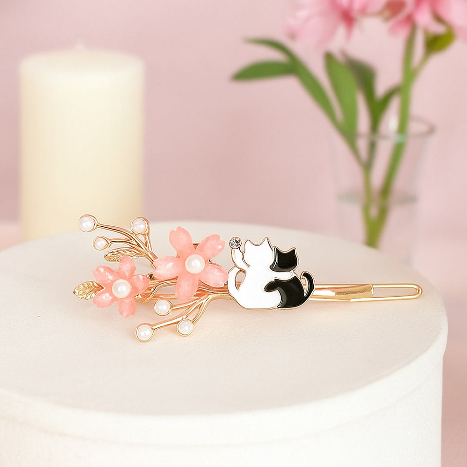 Barrette à Cheveux Dorée Fleurs Roses et Chats Câlins