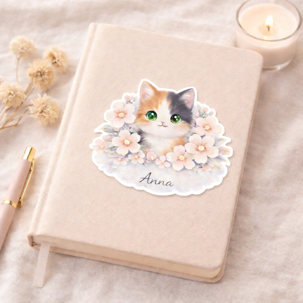 Sticker Prénom Personnalisé Chat et Fleurs