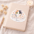 Sticker Prénom Personnalisé Chat et Fleurs