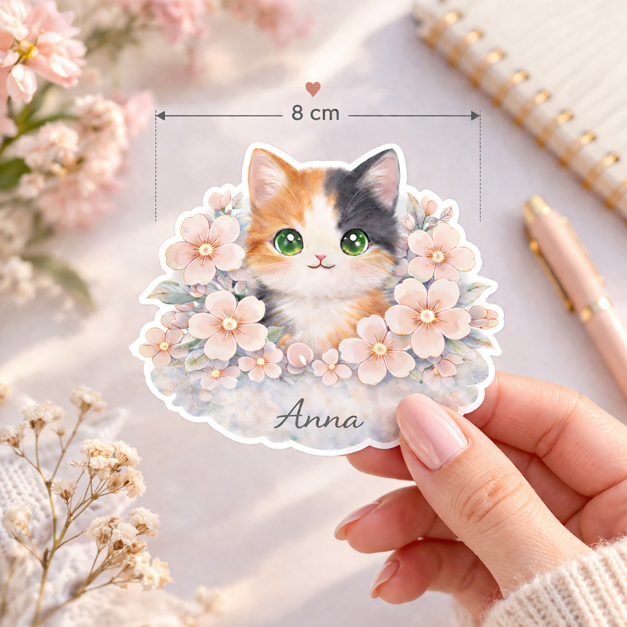 Sticker Prénom Personnalisé Chat et Fleurs