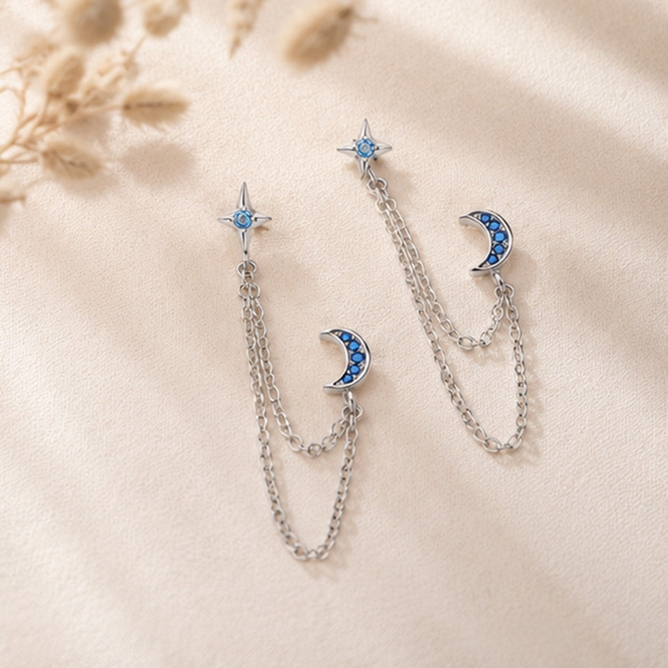 Boucles d'Oreilles Lune et Étoile en Strass Bleu