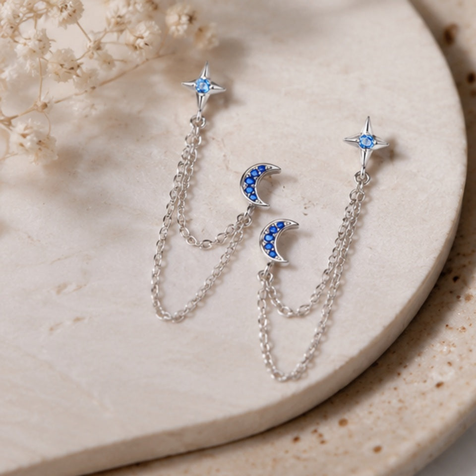 Boucles d'Oreilles Lune et Étoile en Strass Bleu