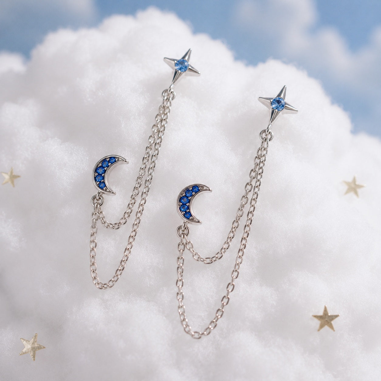Boucles d'Oreilles Lune et Étoile en Strass Bleu