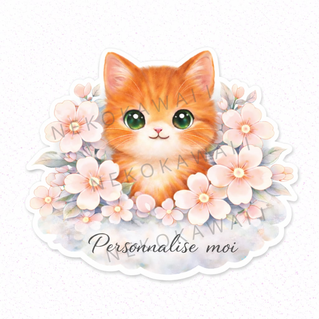 Sticker Prénom Personnalisé Chat et Fleurs