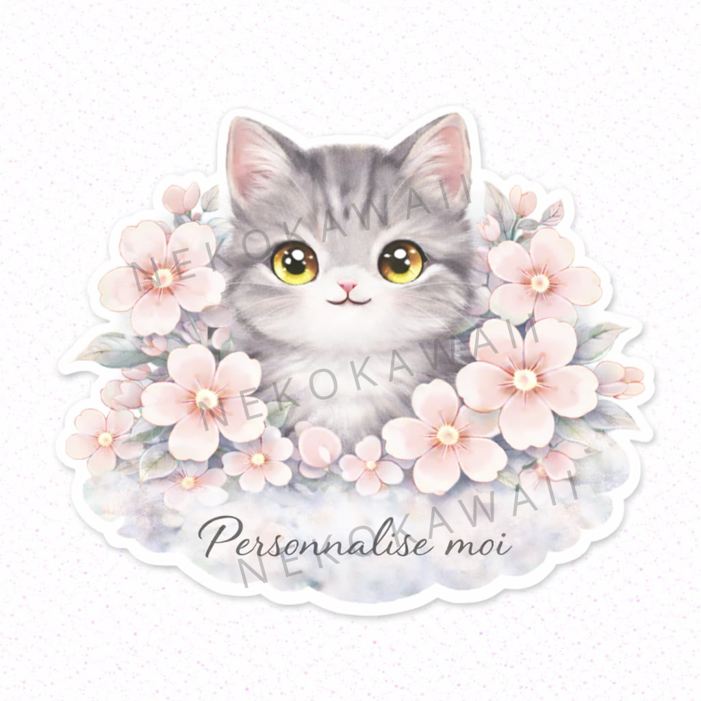 Sticker Prénom Personnalisé Chat et Fleurs
