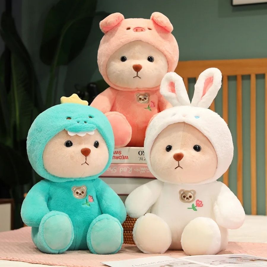 Ours en Peluche Crème avec Costume de Lapin Blanc Doux