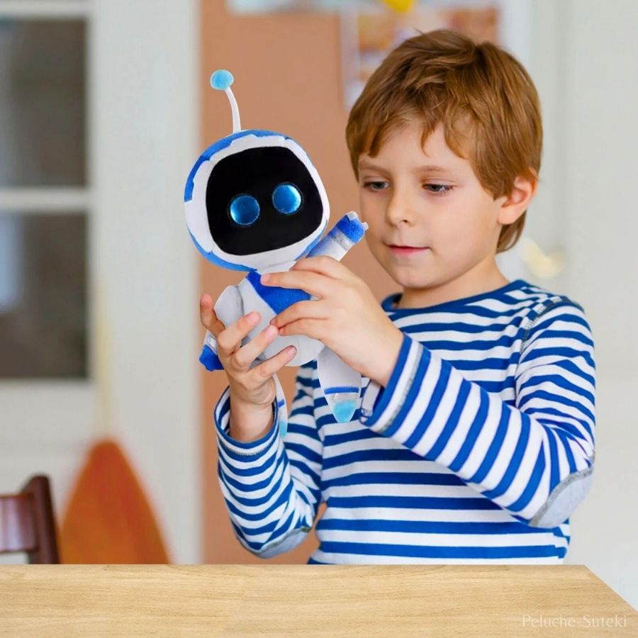 Peluche Robot Bleue et Blanche à Yeux Brillants
