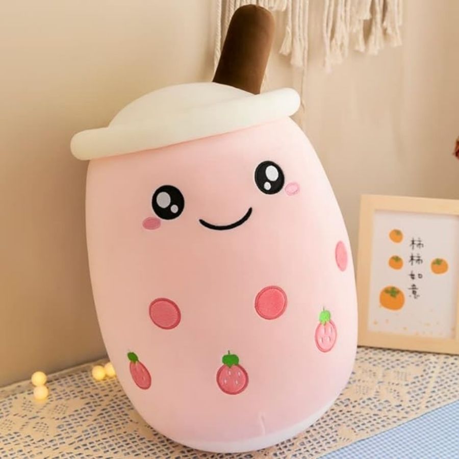 Peluche Kawaii Rose Pâle Boba Tea aux Fraises