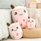 Peluche Kawaii Rose Pâle Boba Tea aux Fraises