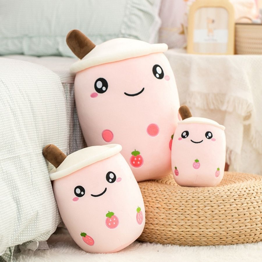 Peluche Kawaii Rose Pâle Boba Tea aux Fraises