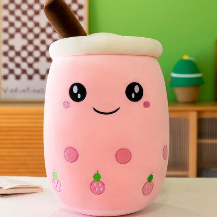 Peluche Kawaii Rose Pâle Boba Tea aux Fraises