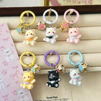 Porte-Clés Chat Mignon à Lune et Breloque Fleurie
