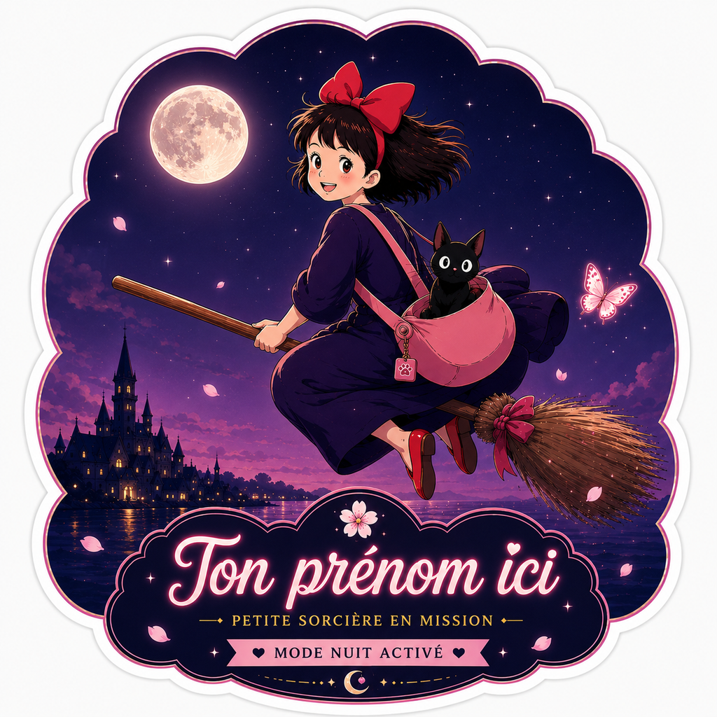 Autocollant Personnalisé Sorcière et Chat Nuit Étoilée