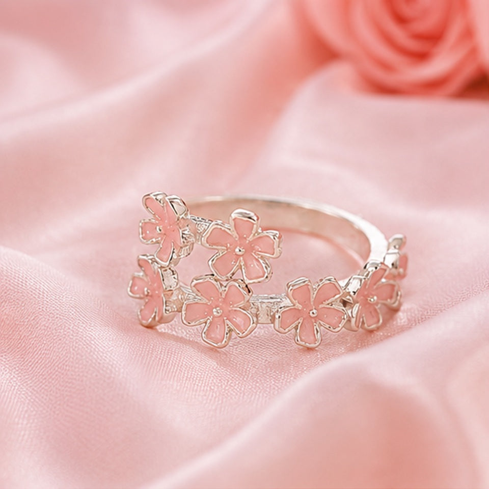 Bague en Fleurs Émaillées Rose Pâle