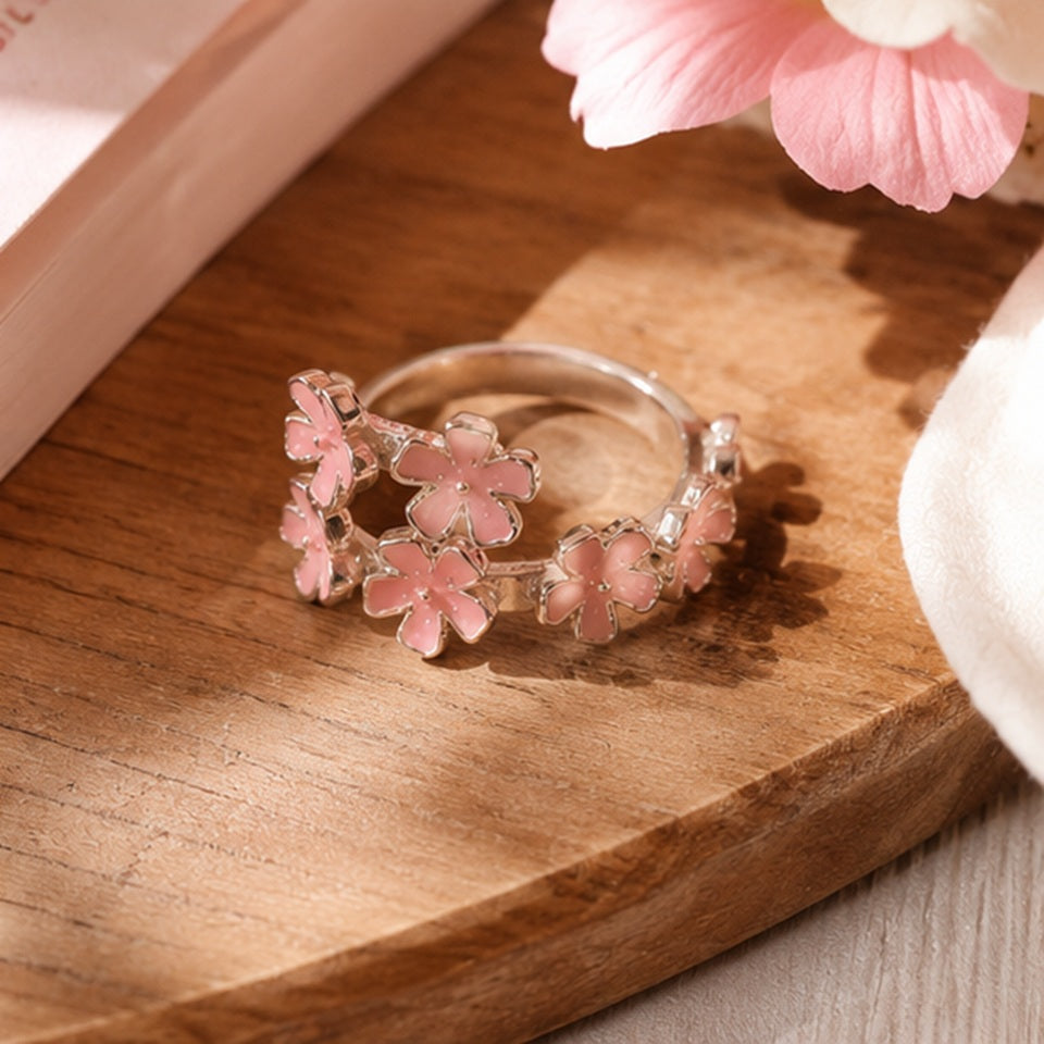 Bague en Fleurs Émaillées Rose Pâle