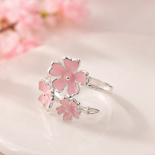 Bague Fleurie Ajustable en Métal Argenté à Émail Rose Pâle