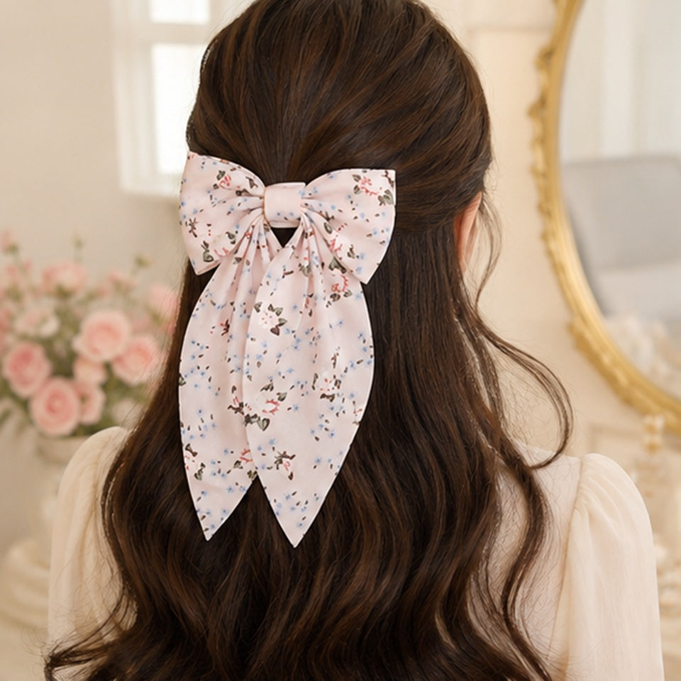 Grand Nœud Cheveux Rose Pâle Fleuri Romantique