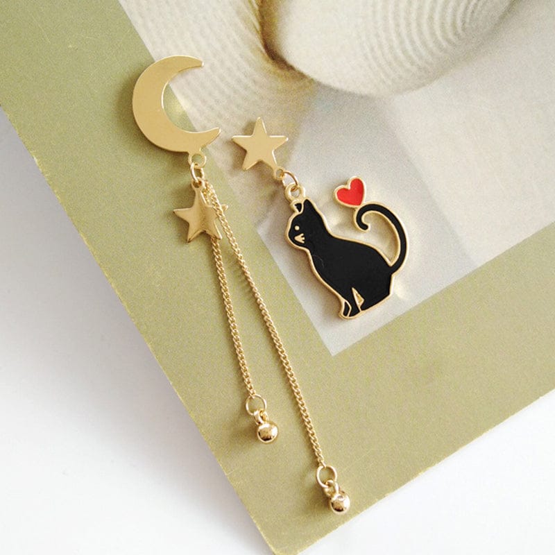 Boucle d'Oreille Asymétrique Dorée Chat, Lune et Étoiles