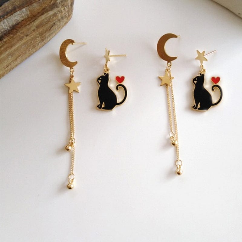 Boucle d'Oreille Asymétrique Dorée Chat, Lune et Étoiles