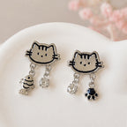 Boucles d'Oreilles Chat Asymétriques avec Poisson et Patte