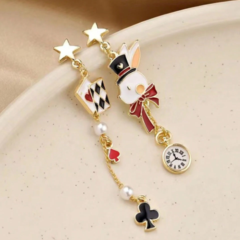 Boucles d'Oreilles Lapin Blanc et Cartes à Jouer