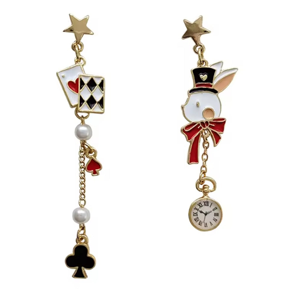 Boucles d'Oreilles Lapin Blanc et Cartes à Jouer