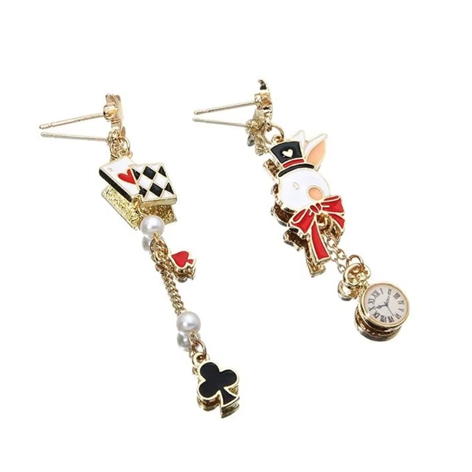 Boucles d'Oreilles Lapin Blanc et Cartes à Jouer