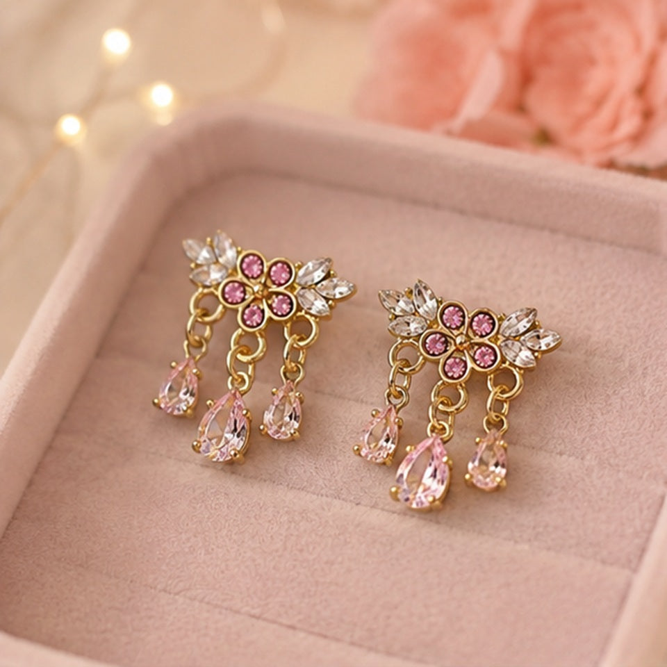 Boucles d'Oreilles Dorées à Fleurs Roses et Pendants Goutte