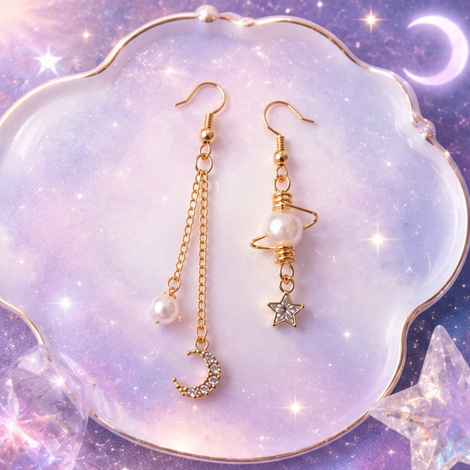 Boucles d'Oreilles Asymétriques Lune Étoile et Perles