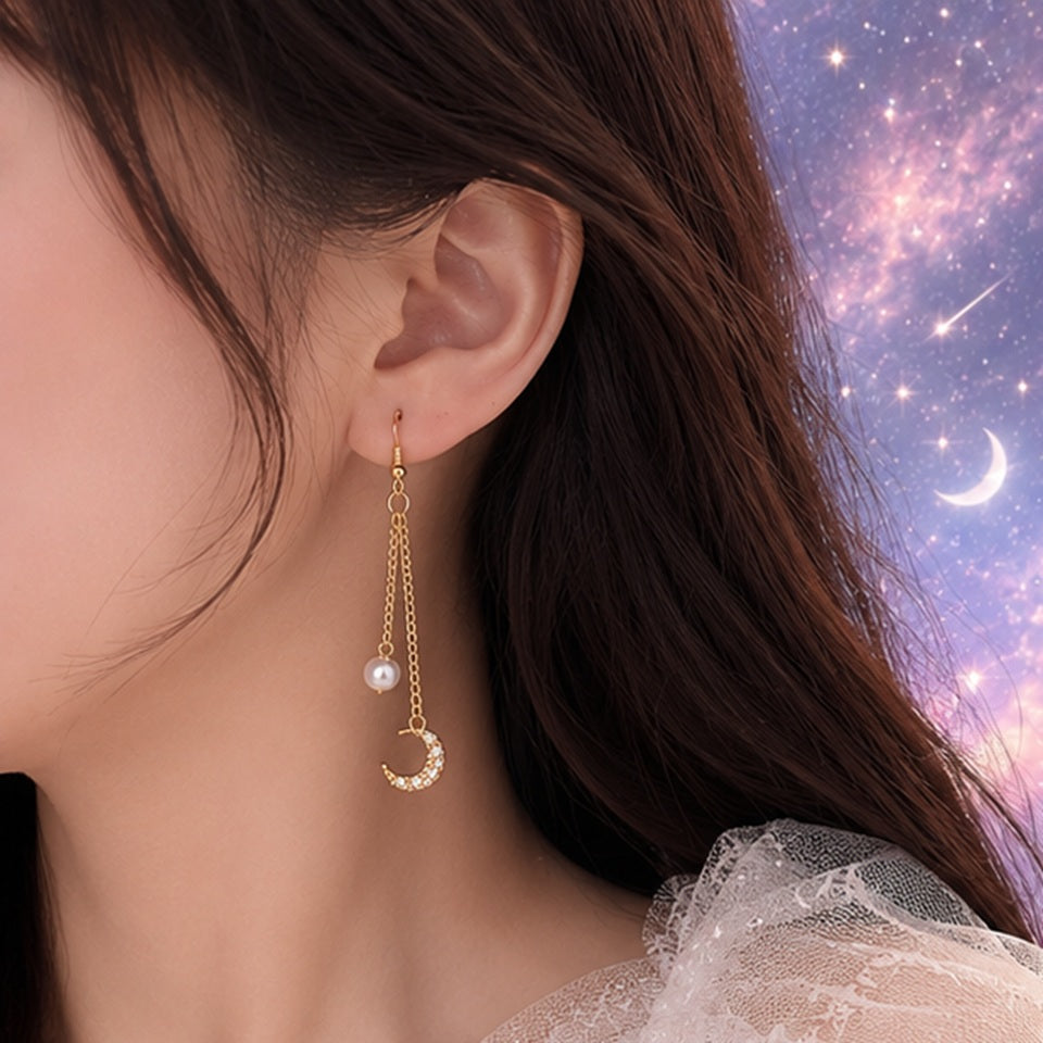 Boucles d'Oreilles Asymétriques Lune Étoile et Perles