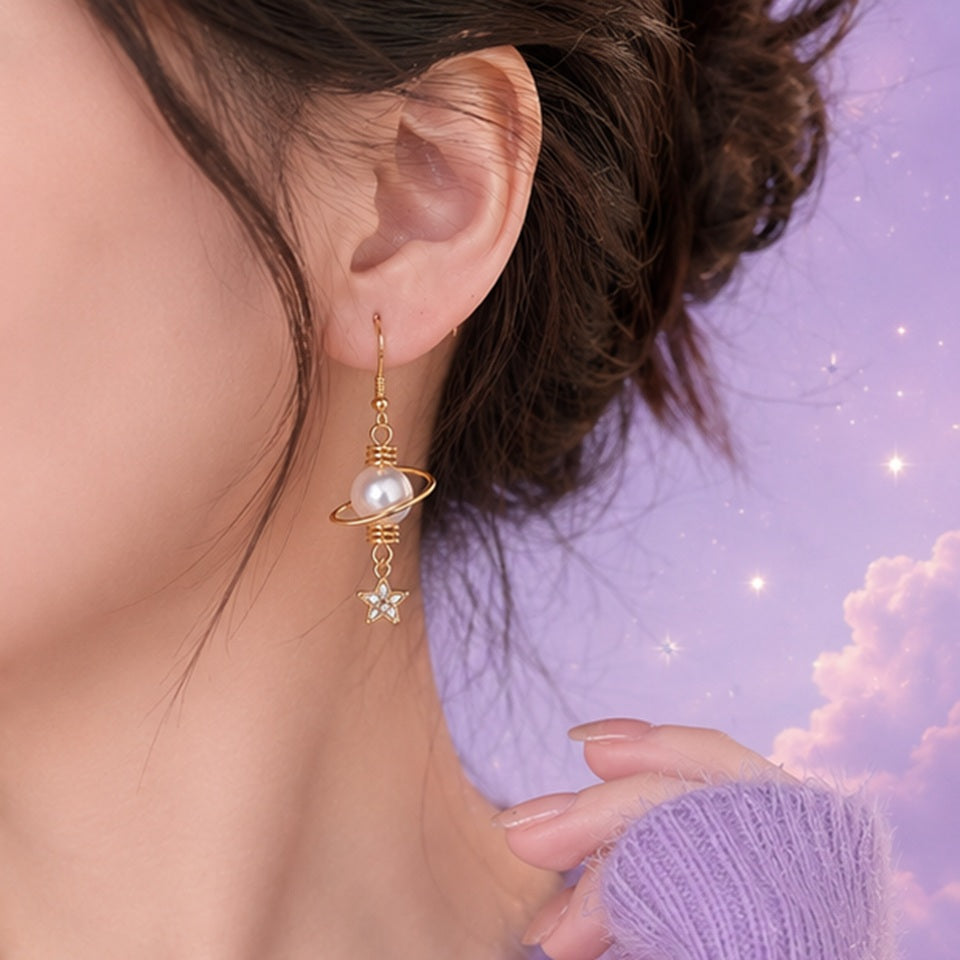 Boucles d'Oreilles Asymétriques Lune Étoile et Perles