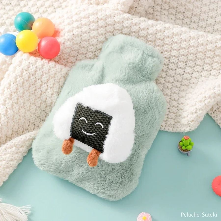 Bouillotte en Peluche Vert Menthe à Onigiri Souriant
