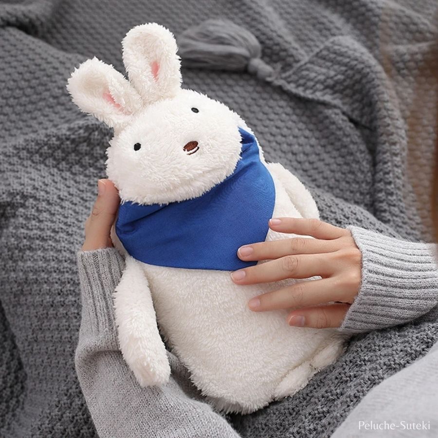 Bouillotte en Peluche Lapin Blanc avec Écharpe Bleue