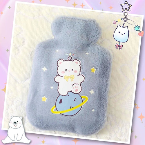 Bouillotte en Peluche Bleu Ciel Ours et Planète Kawaii