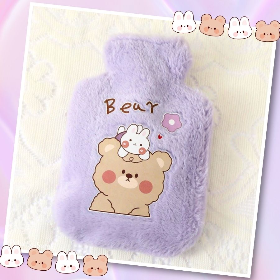 Bouillotte en Peluche Lilas avec Ours et Lapin Kawaii