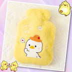 Bouillotte en Peluche Jaune avec Canard Kawaii et Chapeau