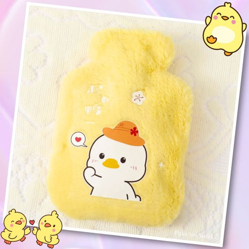 Bouillotte en Peluche Jaune avec Canard Kawaii et Chapeau