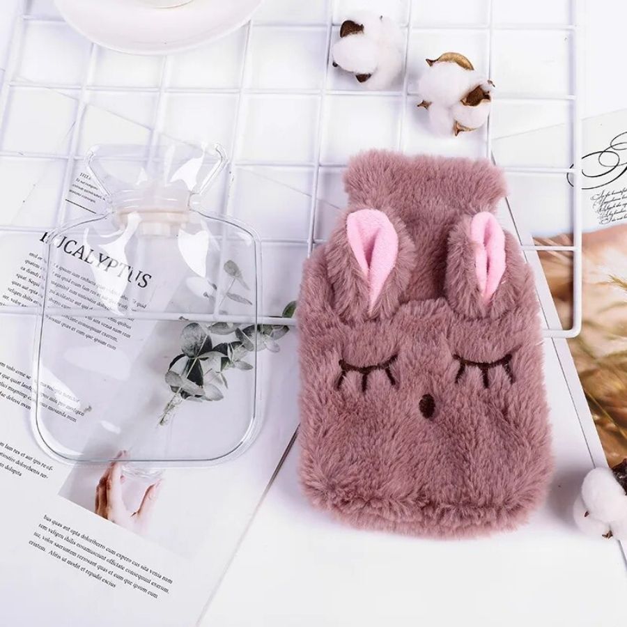 Bouillotte en Peluche Lapin Mauve Yeux Brodés