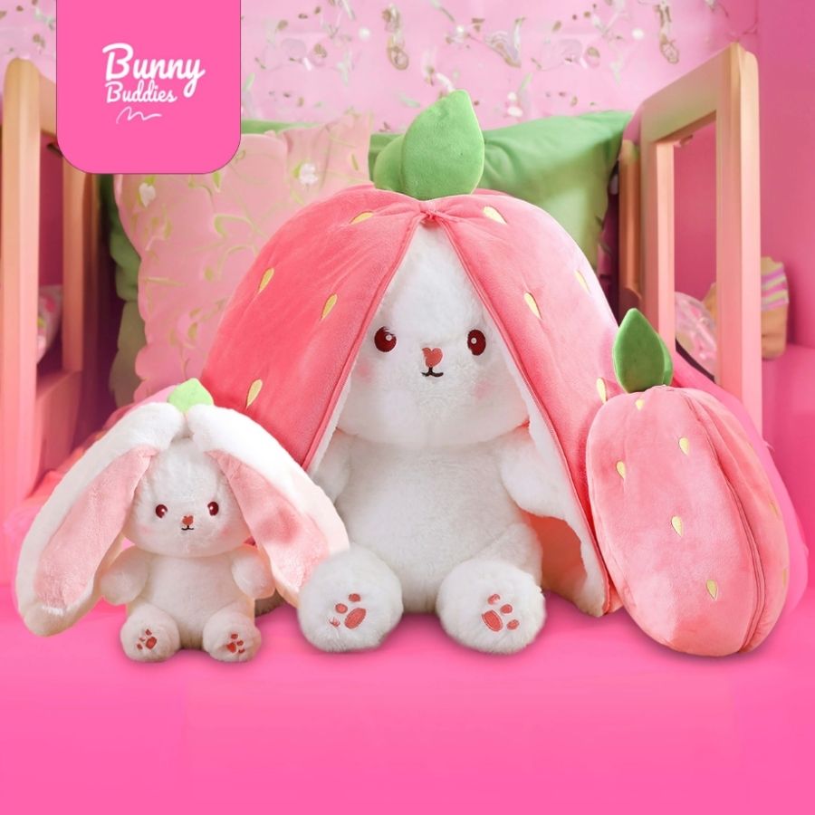 Peluche Lapin Blanc dans sa Fraise Rose Zippée