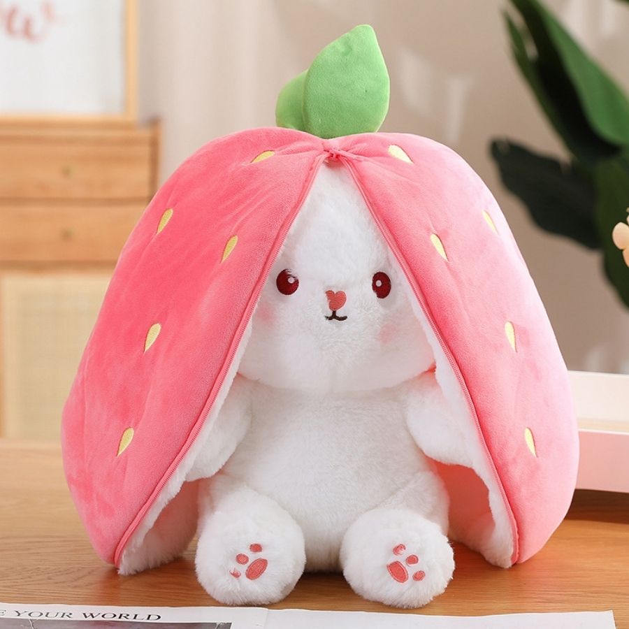 Peluche Lapin Blanc dans sa Fraise Rose Zippée