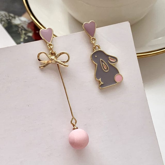 Boucles d'Oreilles Cœur Asymétriques Lapin et Nœud Rose