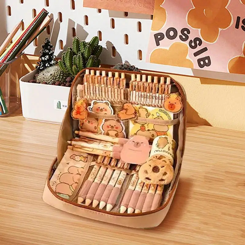 Trousse de Papeterie Capybara et Grand Set Beige