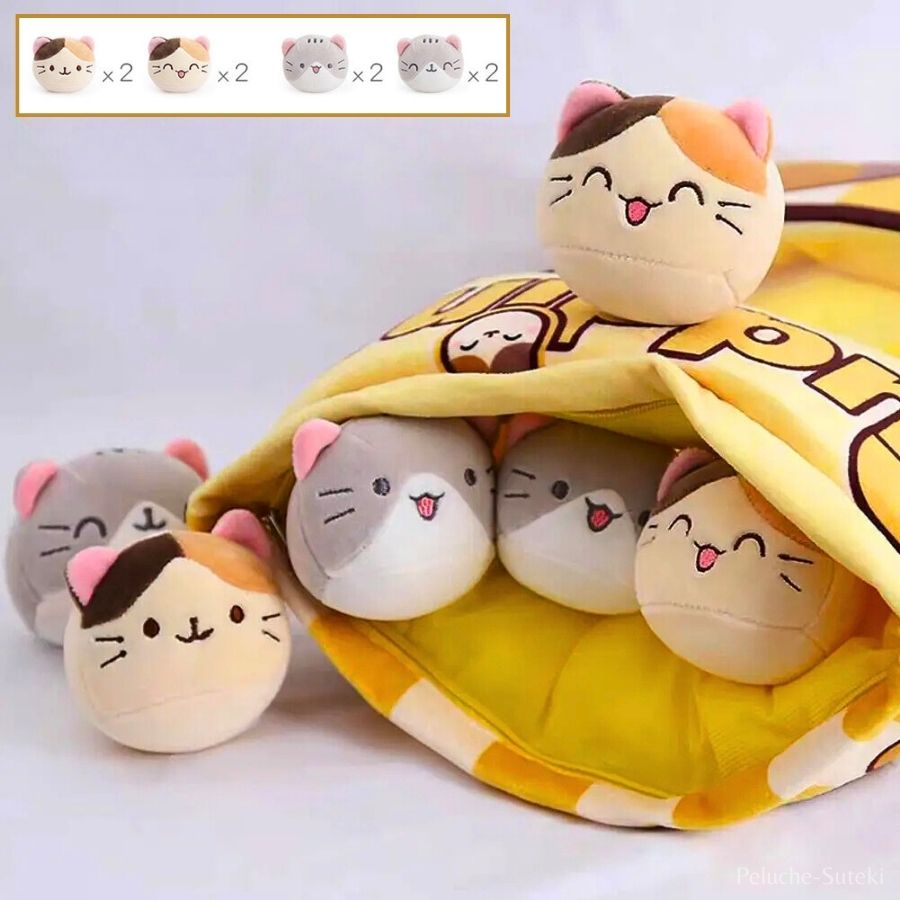 Coussin en Peluche Sac de Pudding et Mini Chats Kawaii