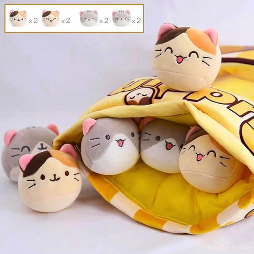 Coussin en Peluche Sac de Pudding et Mini Chats Kawaii