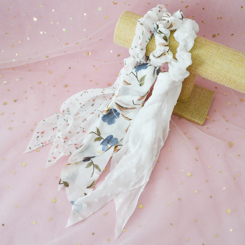Chouchou Foulard en Coton Blanc Fleuri